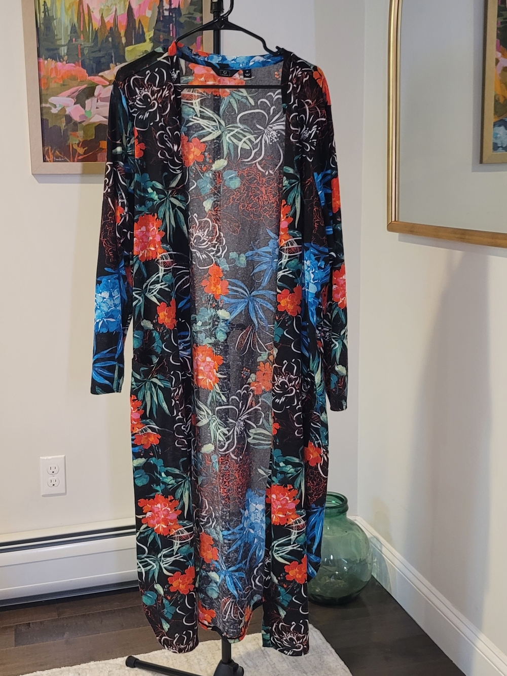 G by Guiliana Long Duster Cardigan Kimono Black Floral Print Women's Size 3X